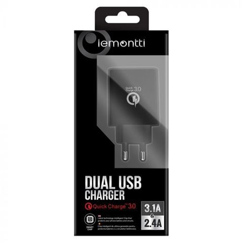 Încărcător priza LEMONTTI quick charge dual USB negru miniatura