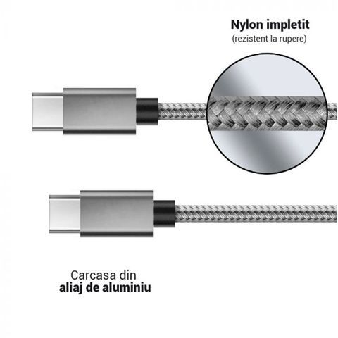 Cablu TYPE-C la TYPE-C LEMONTTI gri 1.5 m impletitura textila  miniatura