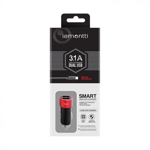 Incarcator auto LEMONTTI 3.1A dual USB MICROUSB negru rosu miniatura