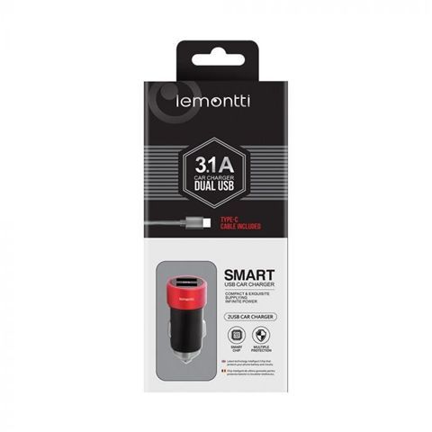 Incarcator auto LEMONTTI 3.1A dual USB TYPE C negru rosu  miniatura