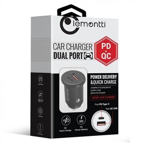 Incarcator auto LEMONTTI pd TYPE C + USB quick charge 30W negru miniatura