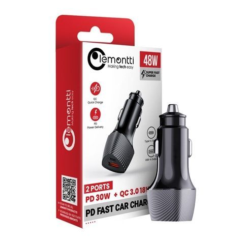 Incarcator auto LEMONTTI super fast 48 w negru cu 2 porturi PD TYPE-C 30 w si USB-A QC3.0 miniatura