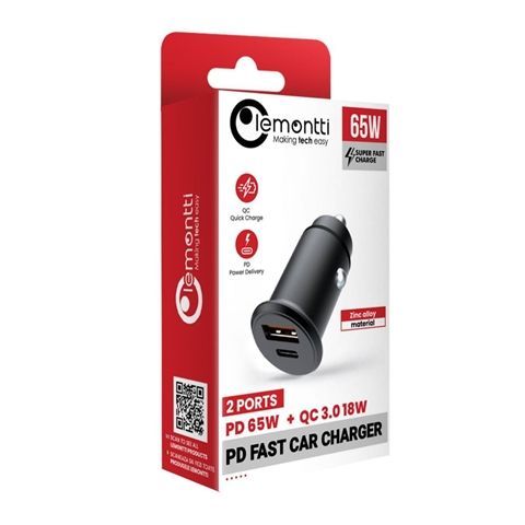 Incarcator auto LEMONTTI super fast 65 w negru cu 2 porturi PD TYPE-C 65w su USB-A QC3.0 miniatura