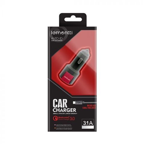 Incarcator auto LEMONTTI 3.0 dual USB MICROUSB negru rosu 3.1A miniatura