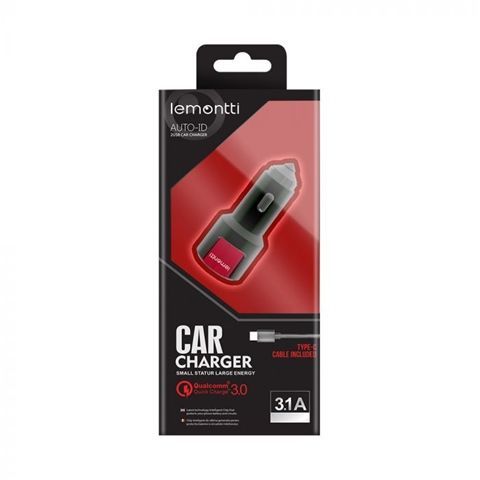 Incarcator auto LEMONTTI QUALCOMM 3.0 dual USB TYPE-C negru-rosu  miniatura